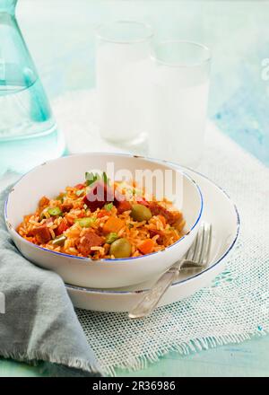 Locrio De Salami (rice with sausages, Dominican Republic) Stock Photo