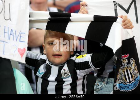 Newcastle, UK. 22nd May 2023Newcastle United's fans celebrate after their team secured a place in the Champions League for next season during the Premier League match between Newcastle United and Leicester City at St. James's Park, Newcastle on Monday 22nd May 2023. (Photo: Mark Fletcher | MI News) Credit: MI News & Sport /Alamy Live News Stock Photo