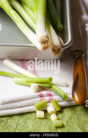 Spring onions, whole and sliced Stock Photo