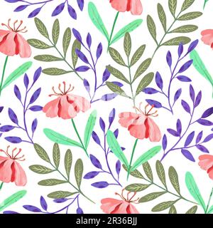 Seamless pattern with abstract pink flowers and various watercolor botanical elements. Hand drawn vector illustration. Stock Vector