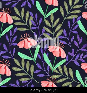 Seamless pattern with abstract pink flowers and various watercolor botanical elements. Hand drawn vector illustration. Stock Vector