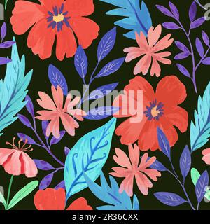 Seamless pattern with abstract red colorful flowers and various watercolor botanical elements. Hand drawn vector illustration. Stock Vector