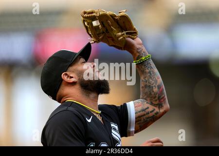 CLEVELAND, OH - MAY 22: Chicago White Sox third baseman Yoan Moncada (10)  catches a foul ball hit by Cleveland Guardians designated hitter Jose  Ramirez (11) (not pictured) for an out during