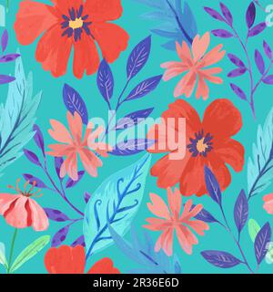 Seamless pattern with abstract red colorful flowers and various watercolor botanical elements. Hand drawn vector illustration. Stock Vector