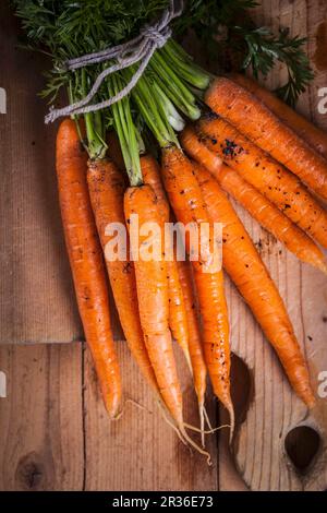 A bundle of fresh carrots on a wooden board Stock Photo