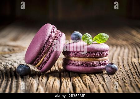 Blueberry macaroons on a wooden table Stock Photo