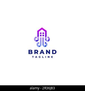 Playful House Icon with Octopus Tentacle Logo Design. Unique logo design of the house icon with windows and squid tentacles. Stock Vector