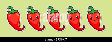 Vector Cartoon Cute and Funny Red Hot Chili Pepper Icon Set. Kawaii Style. Fresh Chili Hot Pepper with Different Emotions. Design Template for Stock Vector