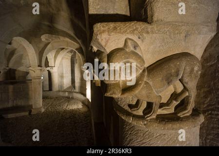 leones protectores de la entrada,cripta,iglesia romanica,de San Martín de Tours,consagrada en 1156, San Martin de Unx,comunidad foral de Navarra, Spain. Stock Photo