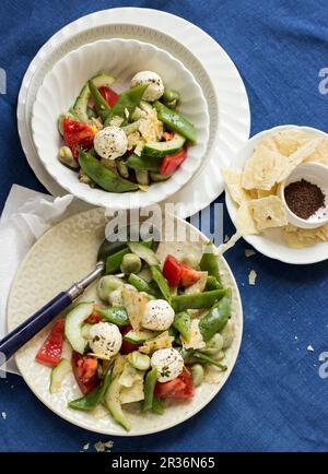 Fattoush salad with broad beans, tomato, cucumber, labneh cheese and pita bread Stock Photo