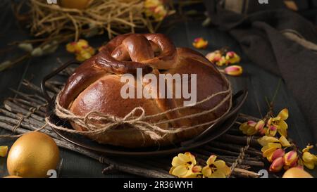 Easter folar with egg on wooden table top. Stock Photo