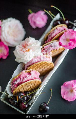 Cherry ice cream sandwich with waffles Stock Photo