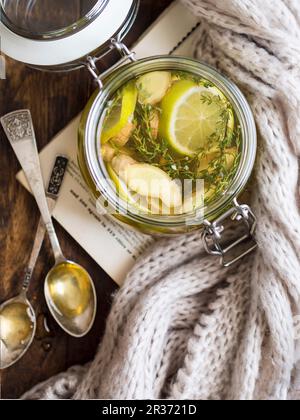 Hot ginger lemon thyme honey tea Stock Photo