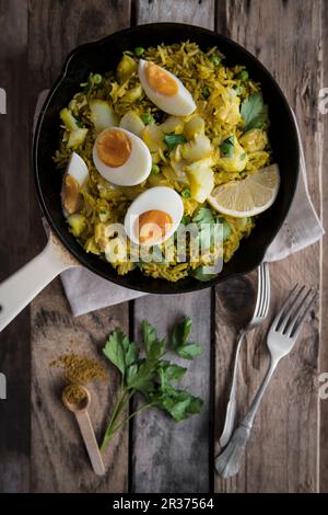 Kedgerry with smoked hadock, curry spices and boiled egg Stock Photo