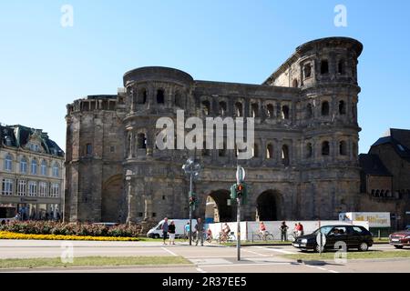 TRIER, GERMNAY, SEPTEMBER 4: The Porta Nigra in Trier, Germany on September 4, 2013. The Porta Nigra was built by the romans in grey sandstone Stock Photo