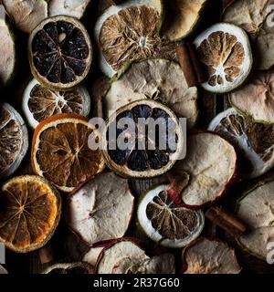 Dried fruit slices with cinnamon sticks Stock Photo