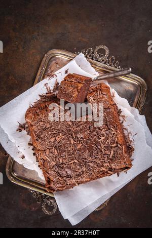 Chocolate pudding cake, sliced (seen from above) Stock Photo