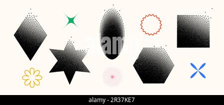 Dissolving shapes set. Fading square, hexagon, star, rhombus, ellipse primitives collection. Figures with halftone dust gradient. Geometric elements for banners, collages, posters. Vector Stock Vector