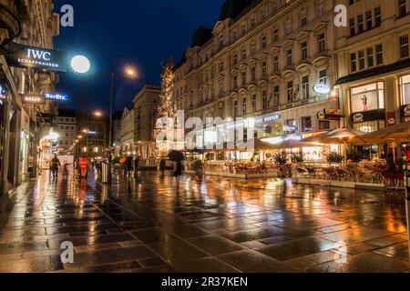 Graben with plague column column at night, Vienna, Austria Stock Photo