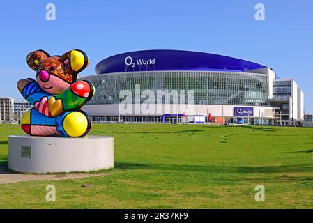 Best Buddies Friendship Bear, in front of O2 World, Berlin Mitte, designed by Romero Britto, donated by the Eunice Kennedy Shriver Foundation 2011 Stock Photo