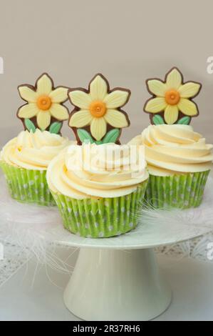 Easter cupcakes on a white cake stand, decorated with feathers and chocolate spring daffodil flowers on white lace Stock Photo