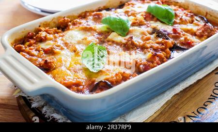 Aubergine lasagne in an oven-proof dish Stock Photo