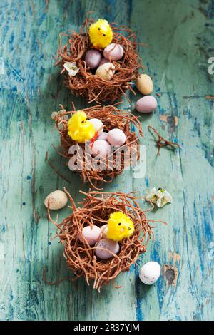 Easter nests with chocolate eggs and Easter chicks Stock Photo