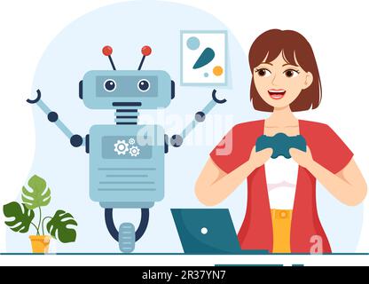Robotics School Vector Illustration with Youth Robotic Project to Programming and Engineering Robot in Cartoon Hand Drawn Landing Page Templates Stock Vector