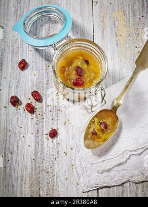 Boiled rhubarb chutney with cranberries in an open jar and on a silver spoon Stock Photo