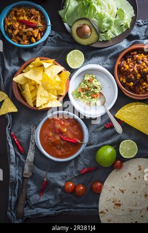 Vegan Mexican dishes: guacamole with tortilla chips, salsa, chopped jackfruit, and chilli con carne Stock Photo