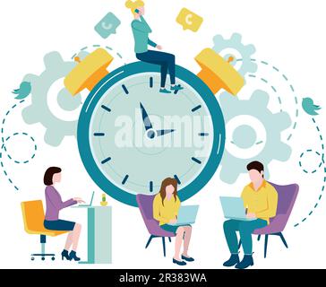 Vector flat illustration of time and schedule management. Organize working hours. People working hours, work affairs and tasks Stock Vector