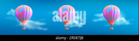 Realistic set of 3D colorful hot air balloons in blue sky with white clouds. Vector illustration of blue, pink and orange aircraft with basket for recreation travel, flight adventure. Seamless pattern Stock Vector