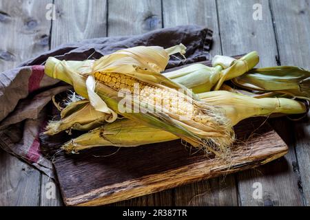 A corn cob on a wooden board Stock Photo