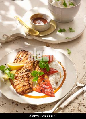 Grilled Salmon On The Grill With Grill Marks. On Wooden Background 