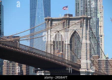 New York, USA. 17th May, 2023. New York's Brooklyn Bridge. The Brooklyn Bridge is one of New York's most famous landmarks and attracts millions of tourists every year. Now the bridge is 140 years old - thanks in part to German engineering. (to dpa 'German-American building: New York's Brooklyn Bridge turns 140') Credit: Christina Horsten/dpa/Alamy Live News Stock Photo