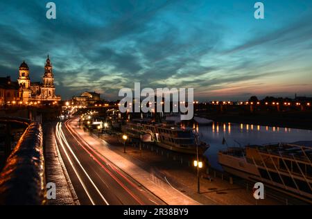Brühl's Terrace View in Long Exposure by Dusk - Dresden, Germany Stock Photo