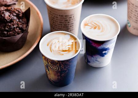 Flat whites in two paper cups (Australia) Stock Photo