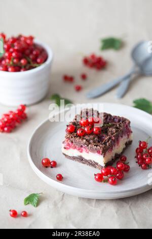 Cheesecake squares with chocolate crust and red currant Stock Photo