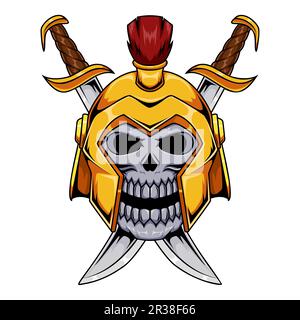 Illustration of swordman human skull character wearing helmet with cross swords Stock Vector