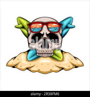 Illustration of summer vibe human skull mascot character with palm tree on the beach Stock Vector