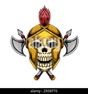 Illustration of gladiator human skull mascot character with crossed axes Stock Vector
