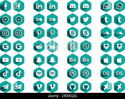 Social Media Apps Icons Logos Hexagonal Green Stock Vector