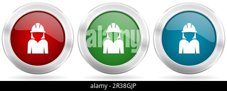 Engineer, worker, manager, employe vector icon set. Red, blue and green silver metallic web buttons with chrome border Stock Vector