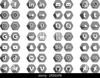 Social Media Apps Icons Logos Hexagonal Grey Stock Vector