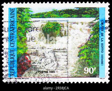 MOSCOW, RUSSIA - MAY 18, 2023: Postage stamp printed in Central African Republic shows Waterfall, Waterfall from La-Kotto serie, circa 1985 Stock Photo