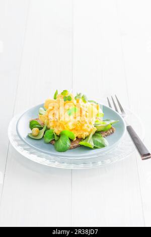 Egg salad with lamb's lettuce on a slice of pumpernickel bread Stock Photo