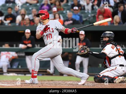 Los Angeles Angels' Gio Urshela throws out Kansas City Royals' Matt Duffy  during the second inning of a spring training baseball game, Friday, March  17, 2023, in Tempe, Ariz. (AP Photo/Matt York