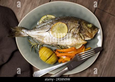 Croatian-style seabream (cooked in olive oil and white wine) with duchesse potatoes and oven-roasted carrots
