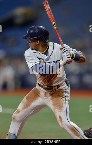 St. Petersburg, USA. 12th Apr, 2022. St. Petersburg, FL USA; Tampa Bay Rays  shortstop Wander Franco (5) runs to the dugout during an MLB game against  the Boston Red Sox on Wednesday