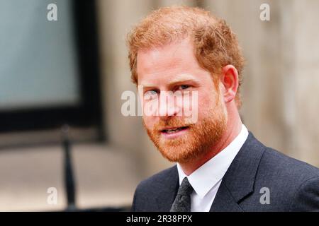 File photo dated 30/3/2023 of the Duke of Sussex who will find out whether he has won his bid for a second legal challenge against the Home Office over his security arrangements when in the UK. Harry is seeking the go-ahead from the High Court to secure a judicial review over a decision that he should not be allowed to pay privately for his protective security. Issue date: Tuesday May 23, 2023. Stock Photo